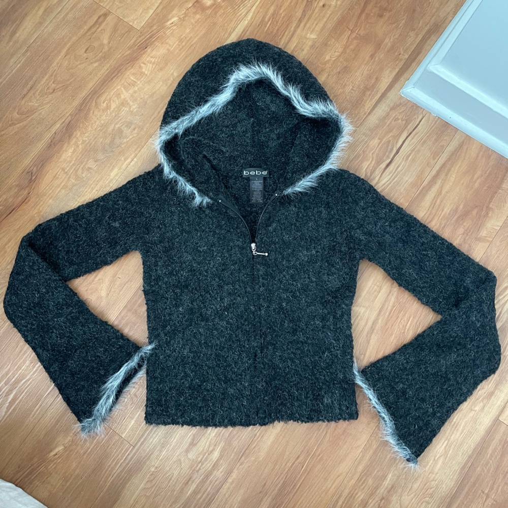 90’s Vintage Bebe Hoodie Faux Fur Bell Sleeve Trim Sweater Large